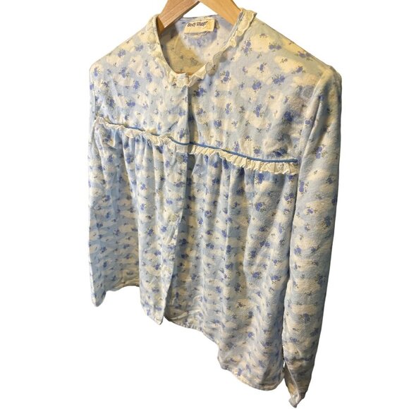 VINTAGE Body Image Blue Floral Print Long Sleeve Lace Collar Button Up PajamaTop - Picture 3 of 7